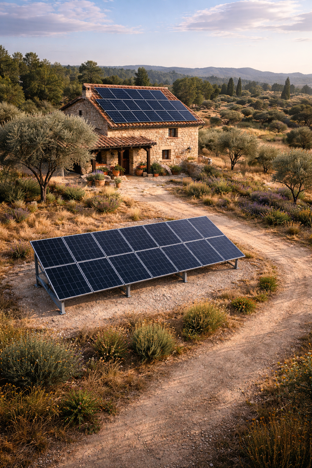Kit solar aislada instalado en casa de campo con paneles en tejado