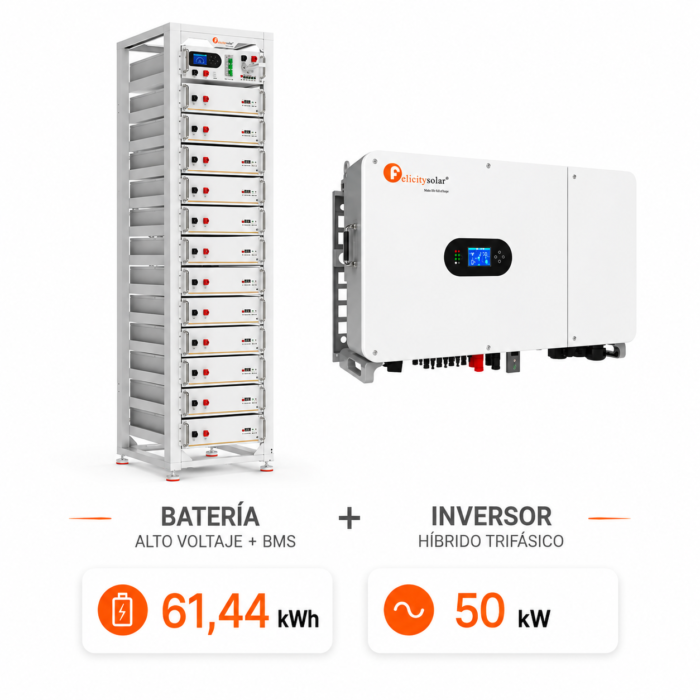 Kit Felicity con inversor híbrido trifásico IVGM50KHP3G2 y rack batería HV 61,44 kWh Pack Rack Baterías Alto Voltaje Felicity 61,44 kWh con BMS + Inversor Híbrido Trifásico de 50 kW - Imagen 1