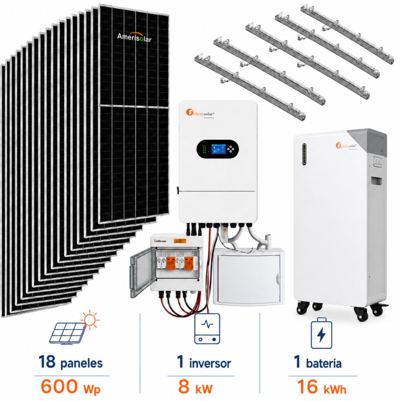 Kit Solar 10800Wp 8kW monofásico con batería Felicity 16kWh