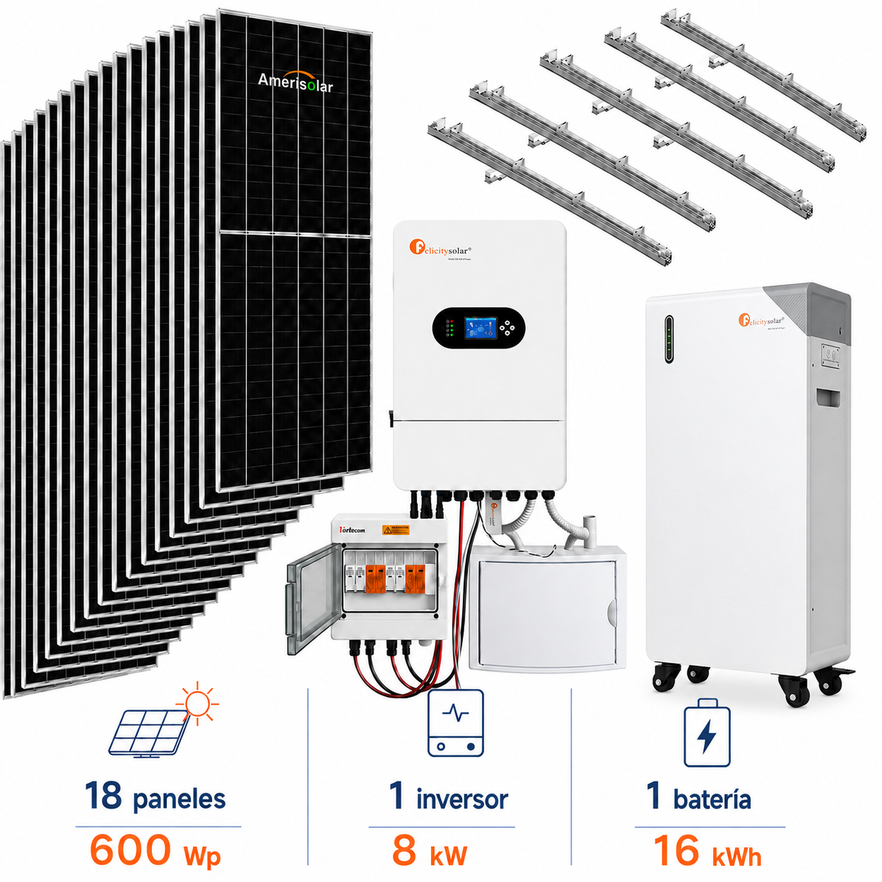 Kit Solar 10800Wp 8kW monofásico con batería Felicity 16kWhh Kit Solar 10800Wp 8kW monofásico con batería Felicity 16kWh