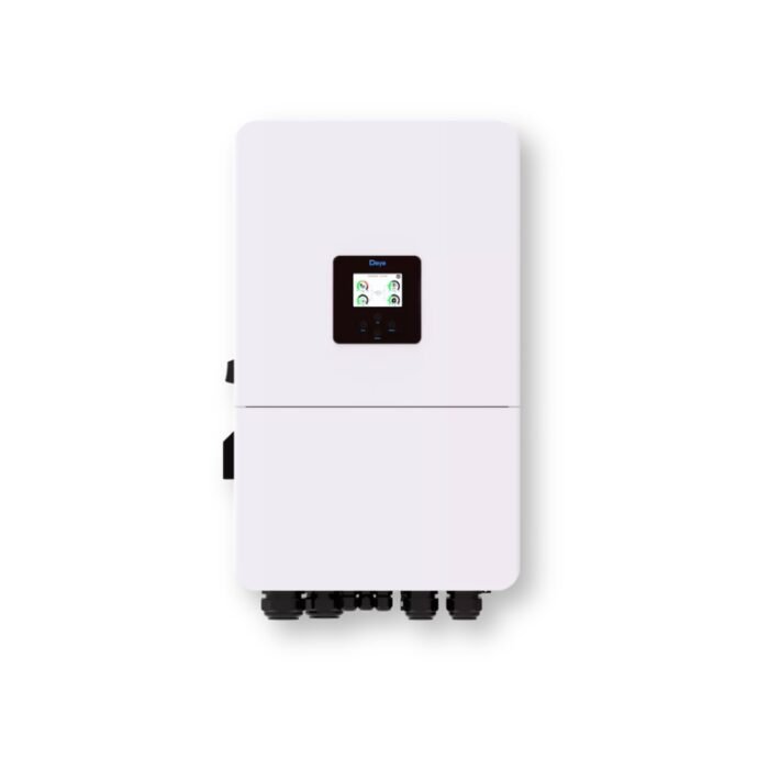 Vista frontal del inversor Deye 6 kW junto a batería de litio Deye 16 kWh